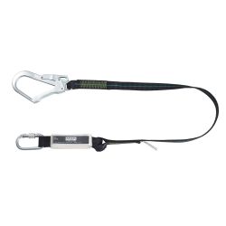 Energy Absorbing Lanyard, 1.5m, Webbing, Single Leg, Steel Screwgate Carabiner, Steel Scaffold Hook